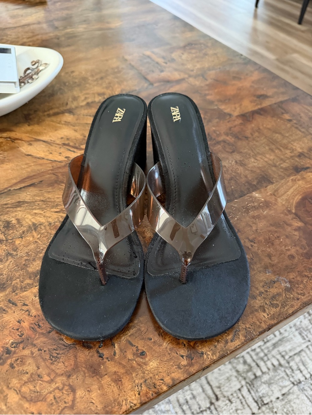 ZARA Black Footbed Clear PVC Wedge Thong Sandals